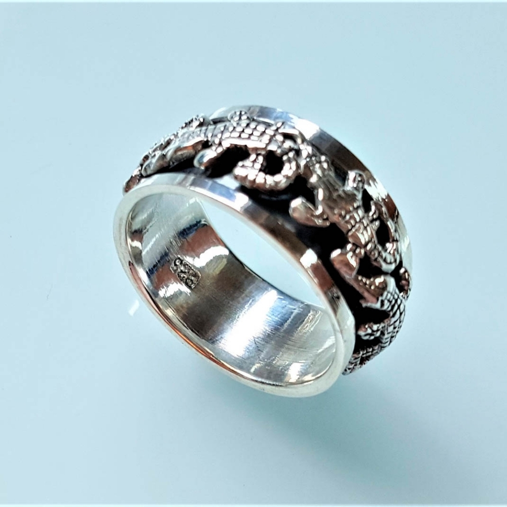 Unisex SOLID .925 Sterling Silver Crocodile Alligator Death Roll Spinner Ring Ha